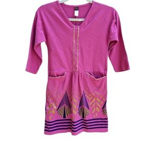 3/$25 Tea pink crew neck 3/4 sleeve midi shift dress 10 gold accents